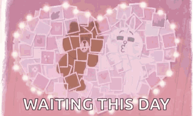 a brown bear and a white rabbit are standing next to each other in a heart shaped collage .