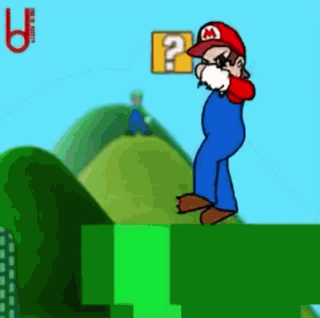 a cartoon of mario standing on top of a green pipe