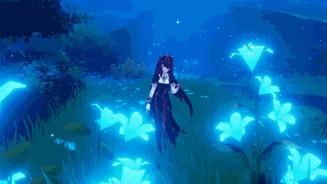 a video game character is surrounded by blue flowers