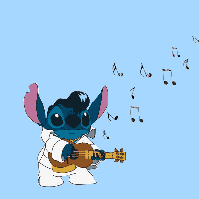 a cartoon of stitch playing a guitar with music notes coming out of it