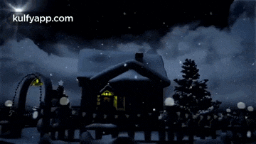 a christmas scene with a house covered in snow and a christmas tree in the foreground