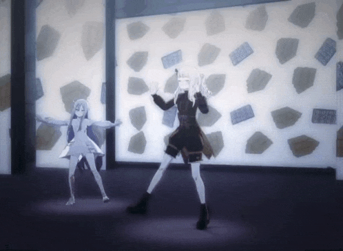 two anime girls are dancing in front of a wall with rocks on it and a sign that says ' a ' on it