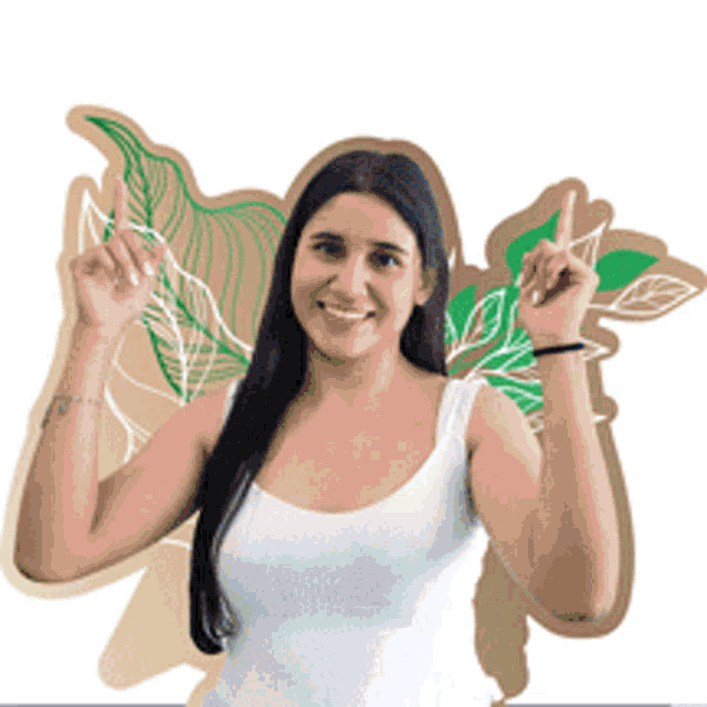 a woman in a white tank top is pointing upwards