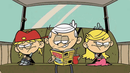 three cartoon characters are sitting in the back seat of a car reading corny 's