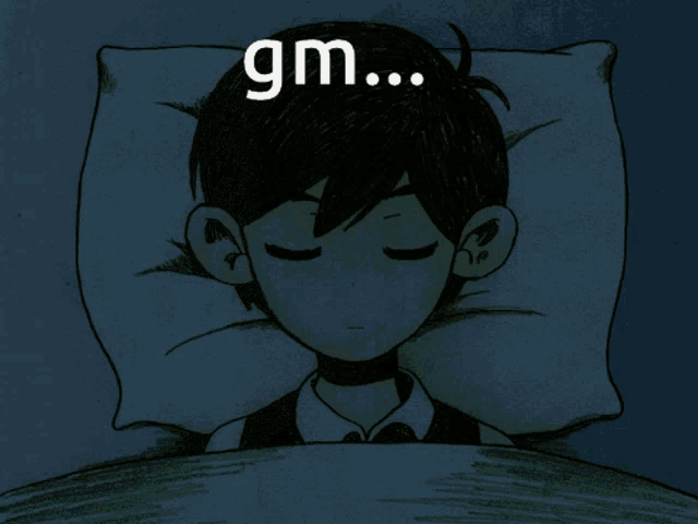a drawing of a boy laying in bed with the words gm written above him