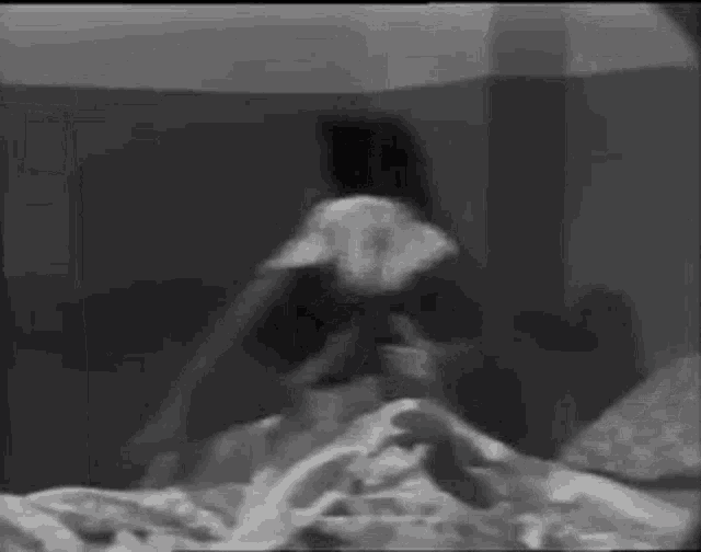 a black and white photo of a person laying on a bed in a room .