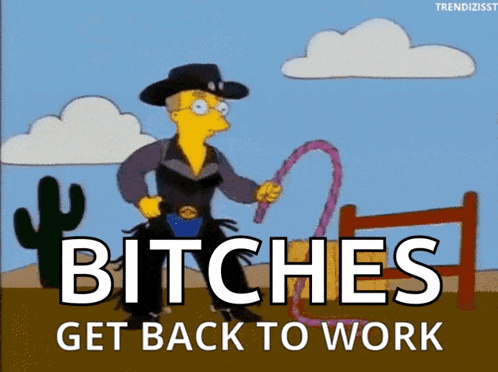 a cartoon of a cowboy holding a lasso with the words bitches get back to work