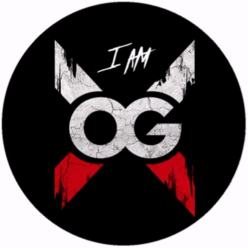 a black and red circle with the letters og in white letters