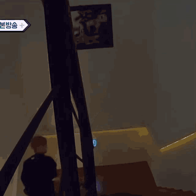 a man in a black shirt is walking down a set of stairs in a dark room