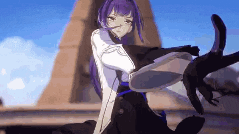 a purple haired anime girl is holding a black cat in her arms in front of a building .