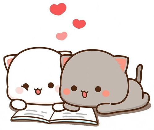two cats are laying next to each other reading a book with hearts above them