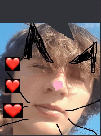 a drawing of a person 's face with three hearts on it