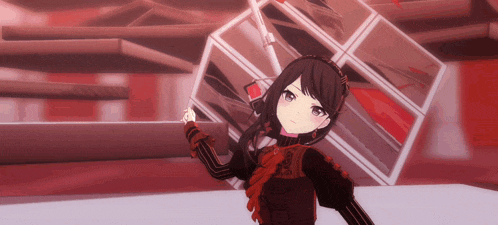 a girl in a red and black outfit is holding a cube in her hand