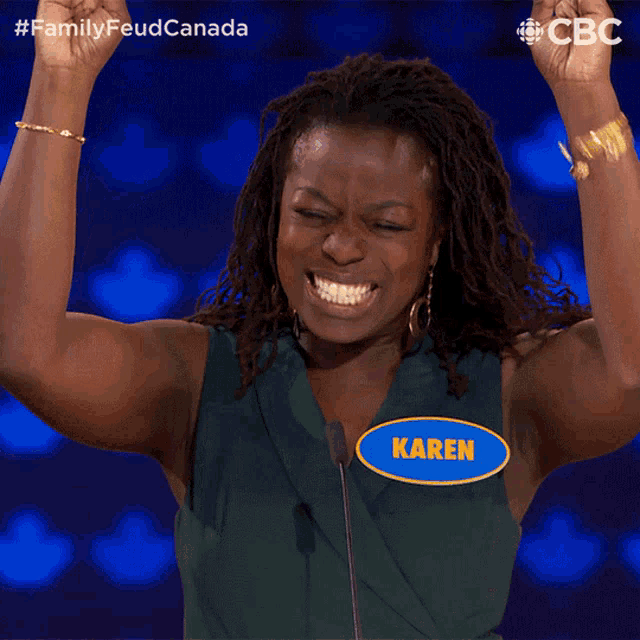 a woman with the name kare on her shirt