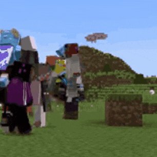 a group of minecraft characters standing in a grassy field
