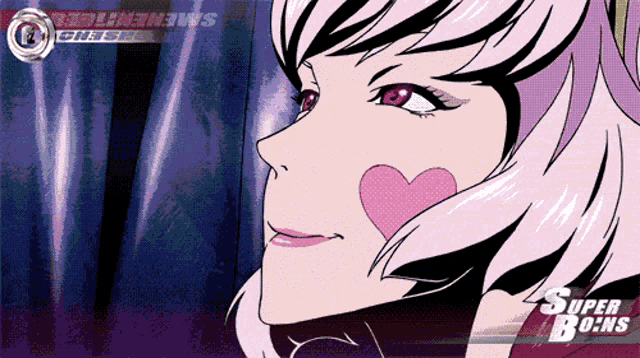 a cartoon drawing of a girl with a heart on her cheek and the words super bo ns on the bottom