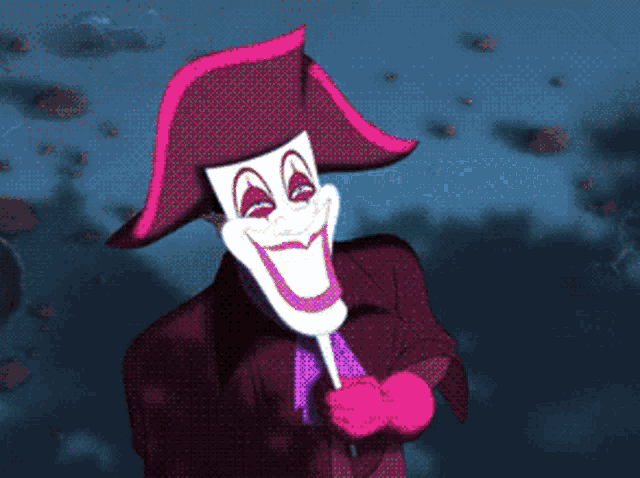 a cartoon character with a pink hat and a white face