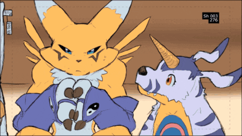 a cartoon drawing of a cat and a dog with the numbers sh 003 and sh 076
