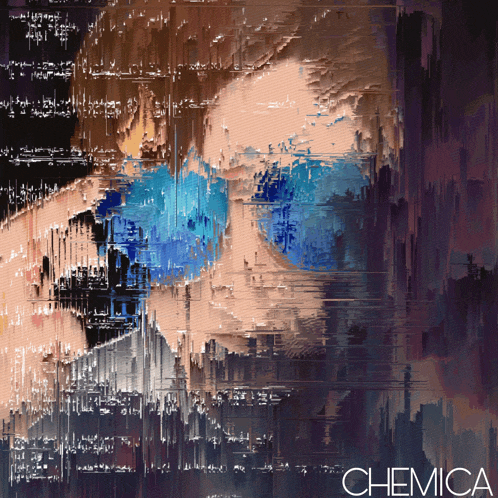 a painting of a woman with blue eyes and the word chemica below her