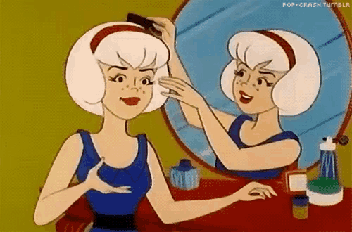 a cartoon of a woman brushing her hair in front of a mirror .