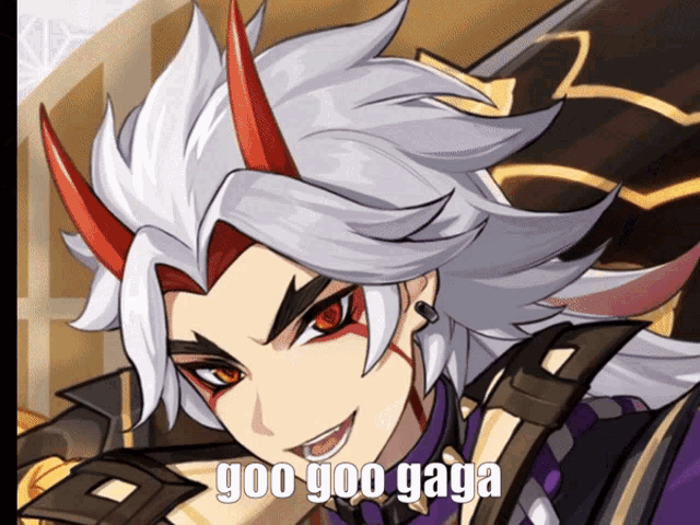a close up of a cartoon character with the words goo goo gaga written on it