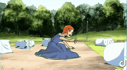 a girl in a blue dress is crawling on the ground in a cartoon