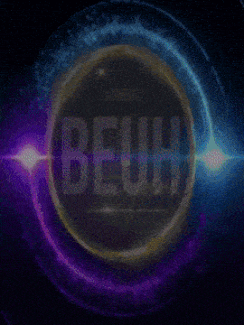the word beuh is in a circle with purple and blue lights