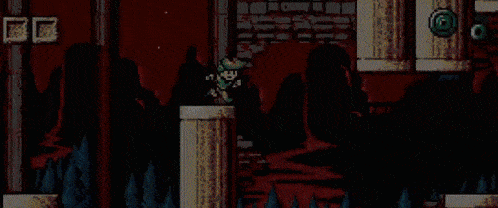 a pixel art drawing of a man holding a sword in a dark room .