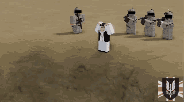 a group of soldiers are standing in the desert and one of them has a british flag on his shirt