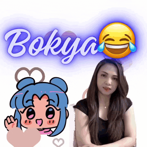 a woman is standing in front of a sign that says bokya