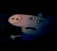 a close up of a cartoon pig with a shocked look on its face .