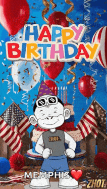 a cartoon character is standing in front of a birthday cake surrounded by balloons and confetti .