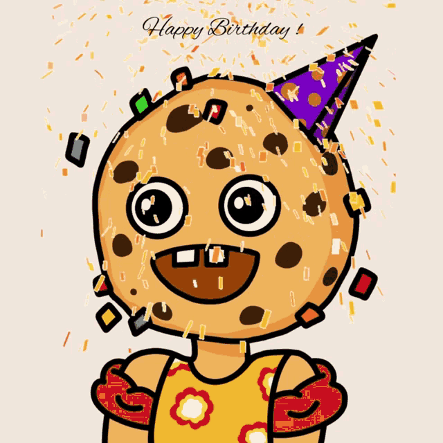 a cartoon drawing of a cookie wearing a party hat
