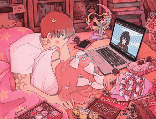a drawing of a girl laying on a bed with a laptop and a ghana chocolate
