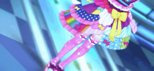 a girl in a colorful dress and pink socks is flying through the air