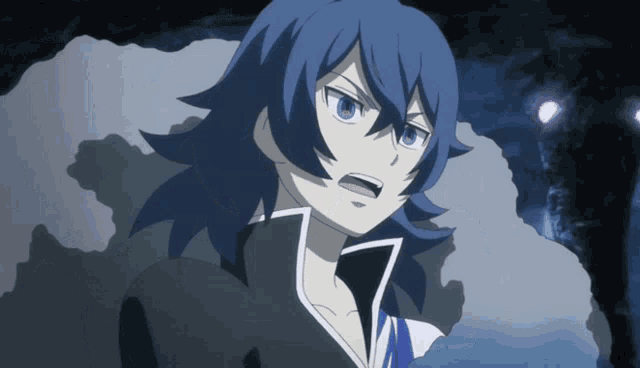 a cartoon character with blue hair and a black shirt
