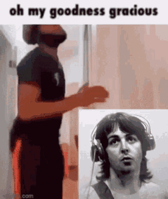 a man wearing headphones is standing next to a picture of a man wearing headphones