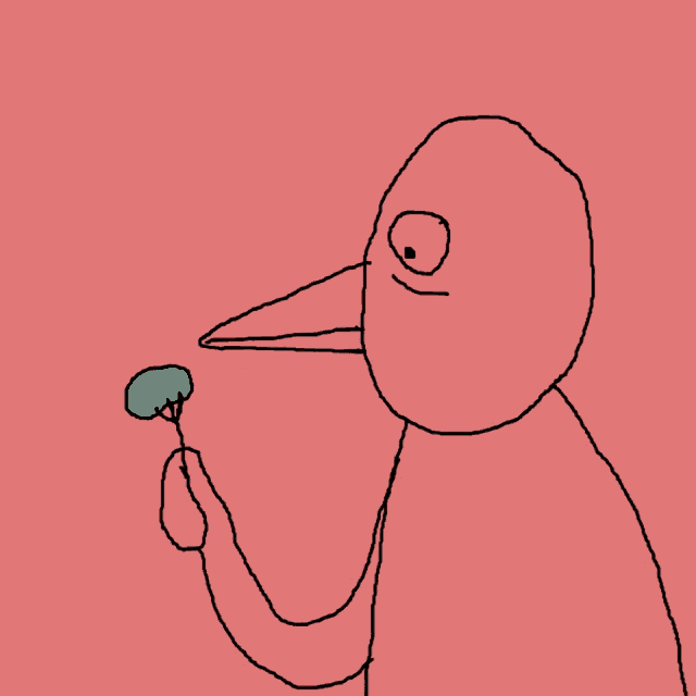 a drawing of a bird with a long beak holding a broccoli on a pink background