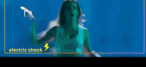 a woman is dancing in front of a lightning bolt and the words electric shock are below her