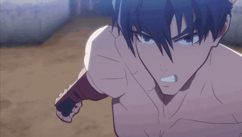 a man without a shirt is wearing boxing gloves and looking angry