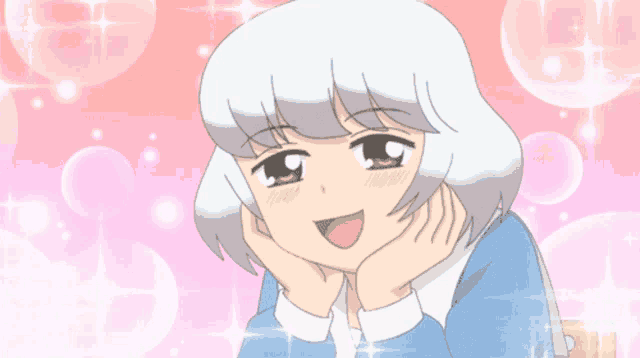 a cartoon girl with white hair is smiling with her hands on her chin