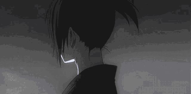 a black and white drawing of a person with a ponytail and a light coming out of their mouth .