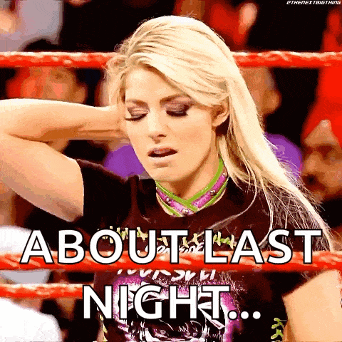 a woman in a wrestling ring with the words about last night written on the bottom