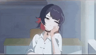 a girl with purple hair is sitting at a desk with her hand on her face .