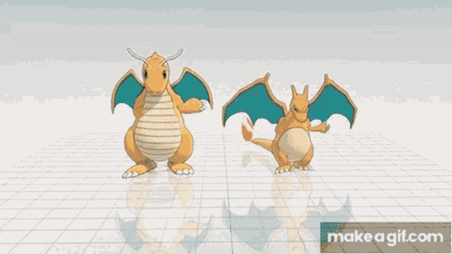 a 3d model of two dragons standing next to each other on a tiled floor .