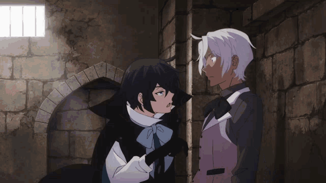 two anime characters are standing next to each other