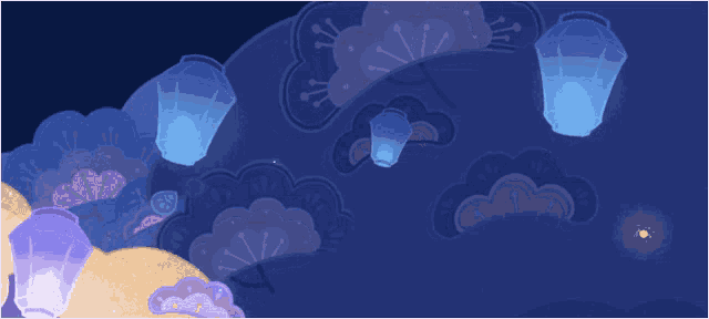 a blue background with flowers and lanterns in the sky