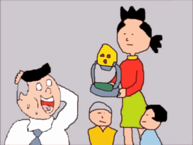 a cartoon drawing of a family with a woman holding a lantern