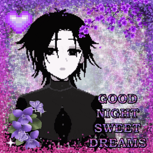 a pixel art of a girl with the words good night sweet dreams