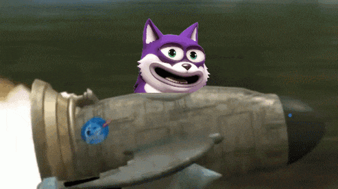 a cartoon dog is riding a rocket with a blue circle on it